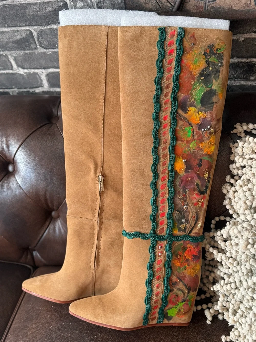 Custom Hand-Painted Beige Suede Boots green accent unique boho western boot